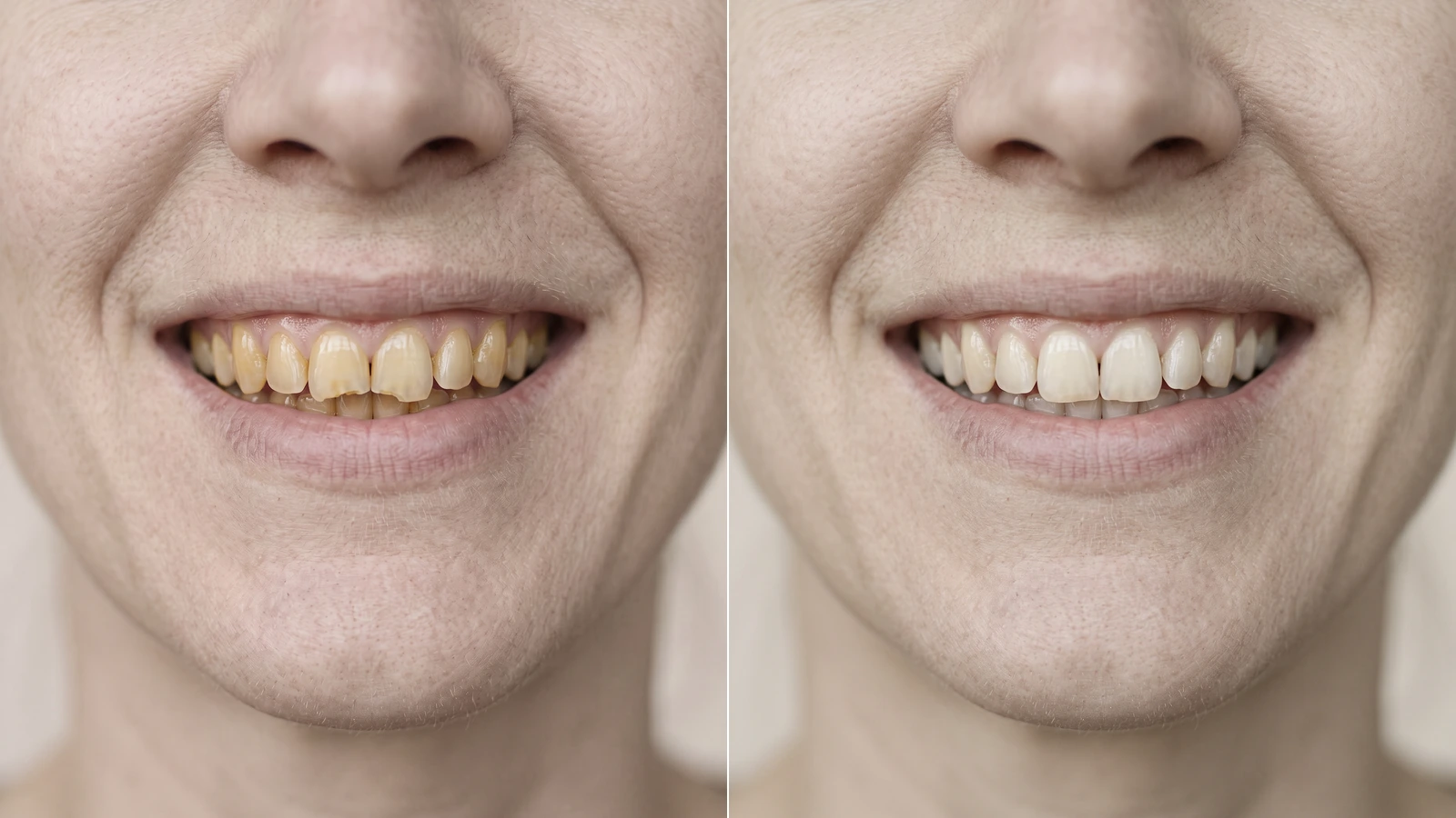 Lächeln vor und nach Bleaching und zwei Komposit-Reparaturen